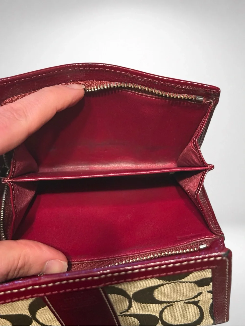 COACH Signature Canvas Leather Trifold Wallet Red Khaki Logo Wallet Y2K Vintage